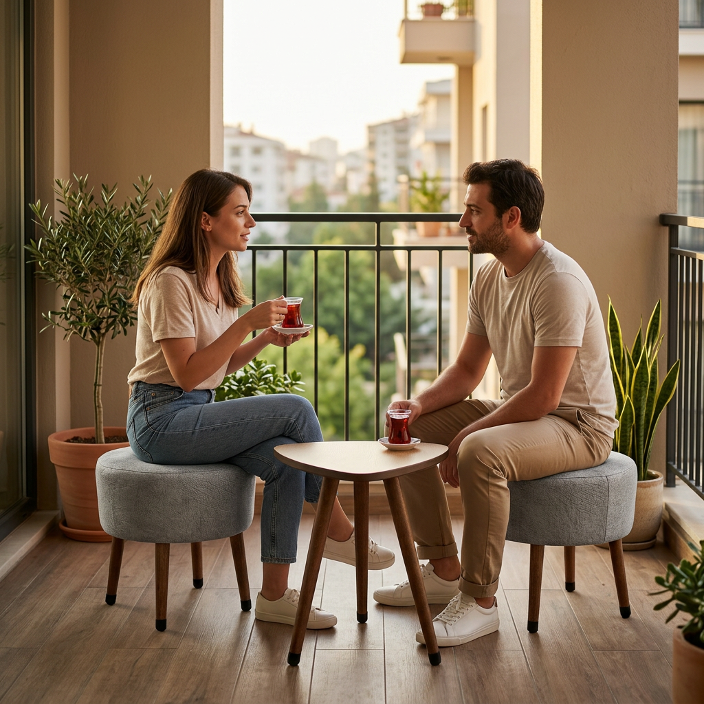 USTAAGAC Safir Meşe Çay Kahve Seti – 2 puf + 1 Sehpa