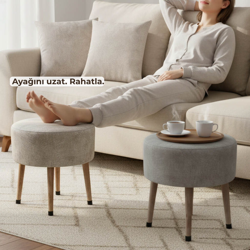 USTAAGAC Bej Kahve Köşesi Konfor Seti – 2 adet Yuvarlak Ahşap Ayaklı Puf - 2 adet Kırlent