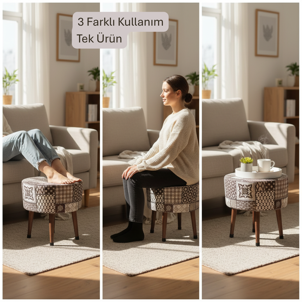 USTAAGAC Osmanlı İznik Çini Puf – El Yapımı Ahşap Ayaklı Tabure Kahve