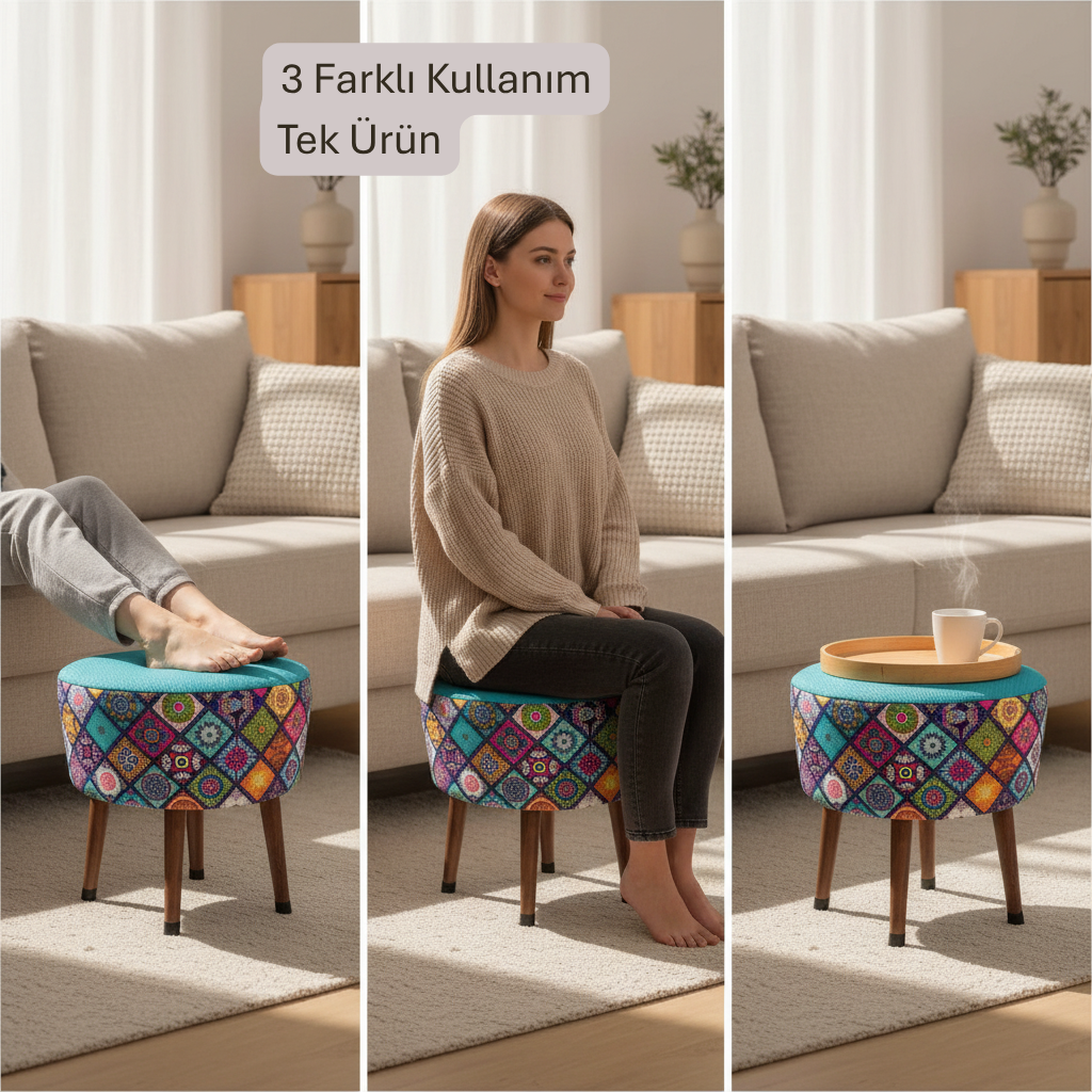 USTAAGAC Renkli Mandala Desenli El Yapımı Puf – Ahşap Ayaklı Dekoratif Oturma Taburesi Turkuaz