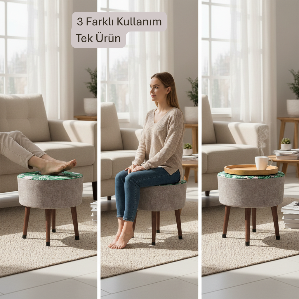 USTAAGAC  Puf Koltuk Tabure - Bej Yaprak Tropikal Desenli Ahsap Ayak