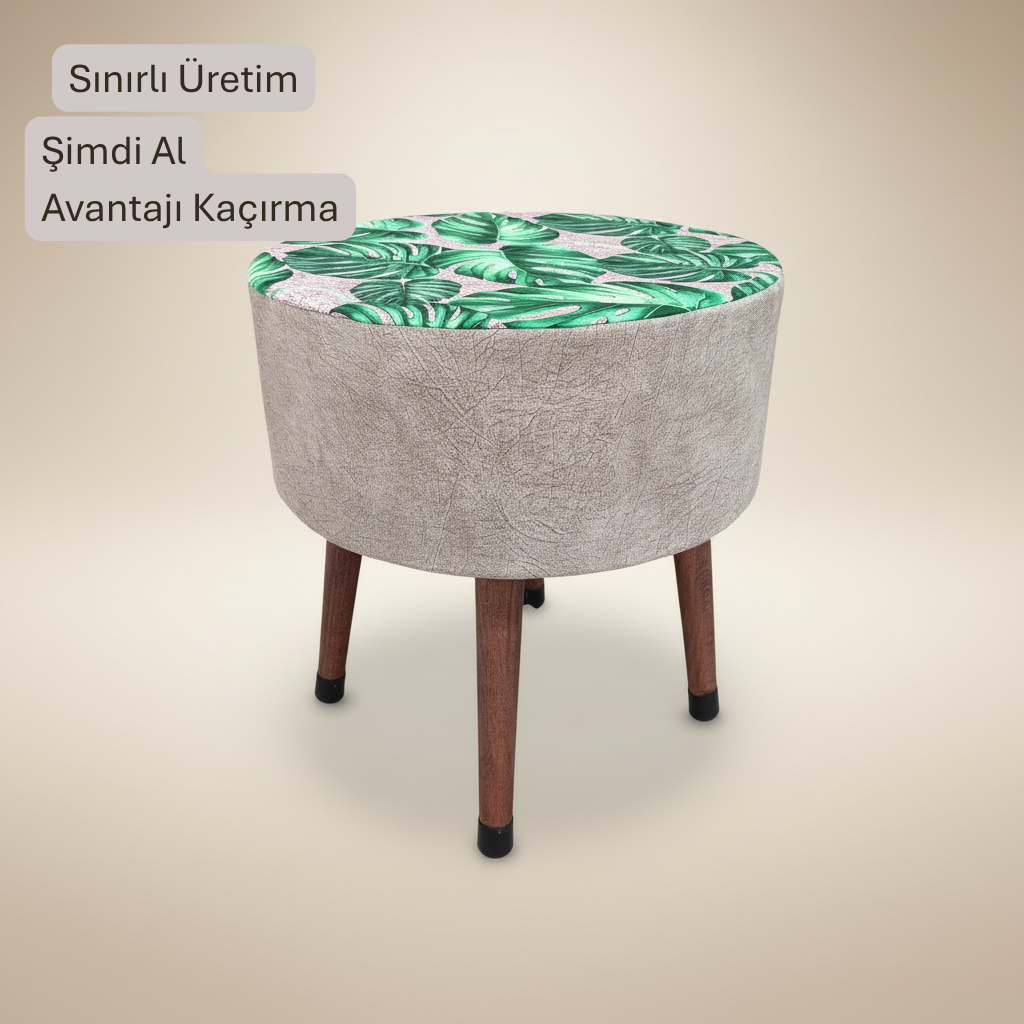 USTAAGAC  Puf Koltuk Tabure - Bej Yaprak Tropikal Desenli Ahsap Ayak