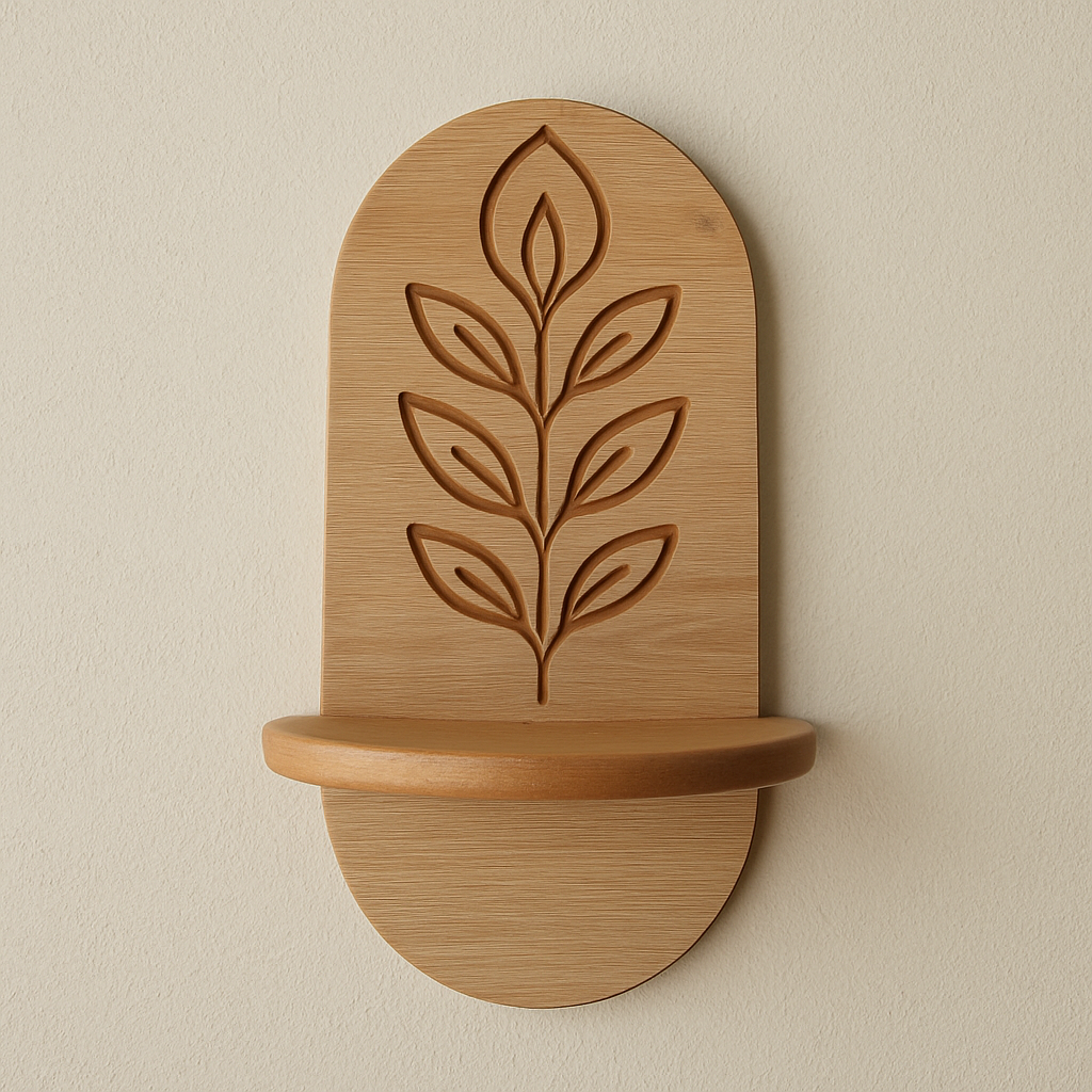 Minimal Meşe Duvar Rafı - 1 Kademeli Gravür Çiçek Deseni