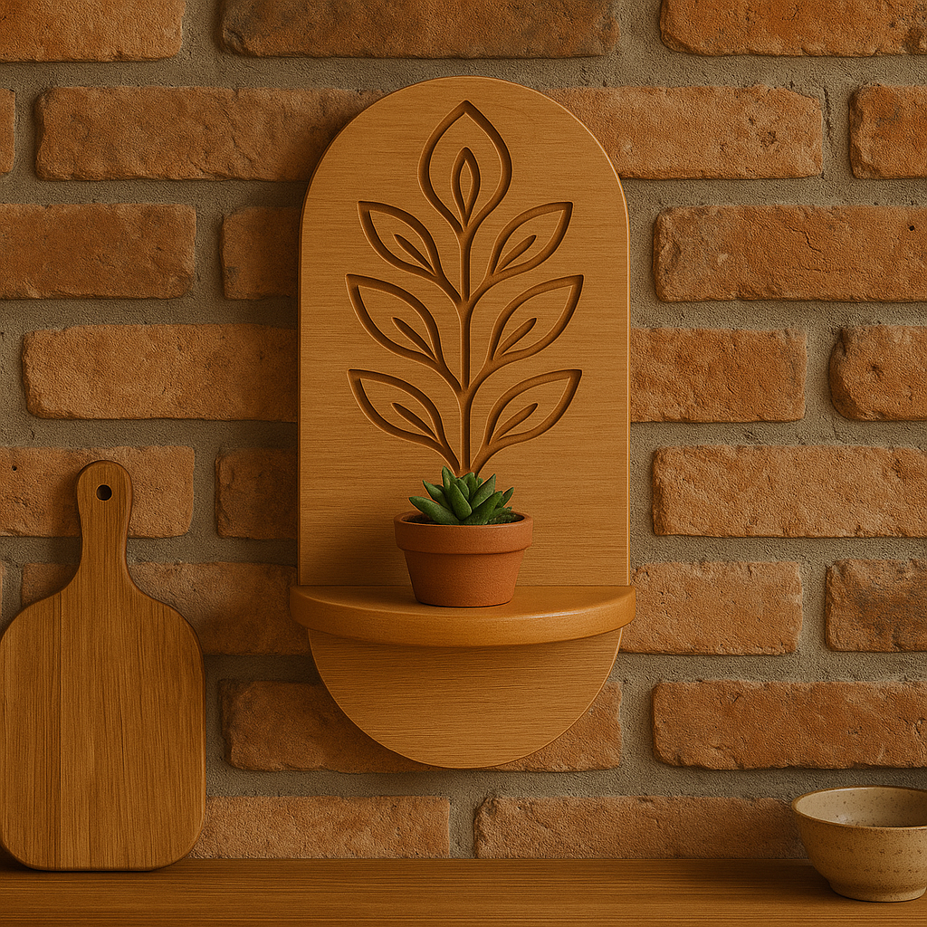 Minimal Meşe Duvar Rafı - 1 Kademeli Gravür Çiçek Deseni