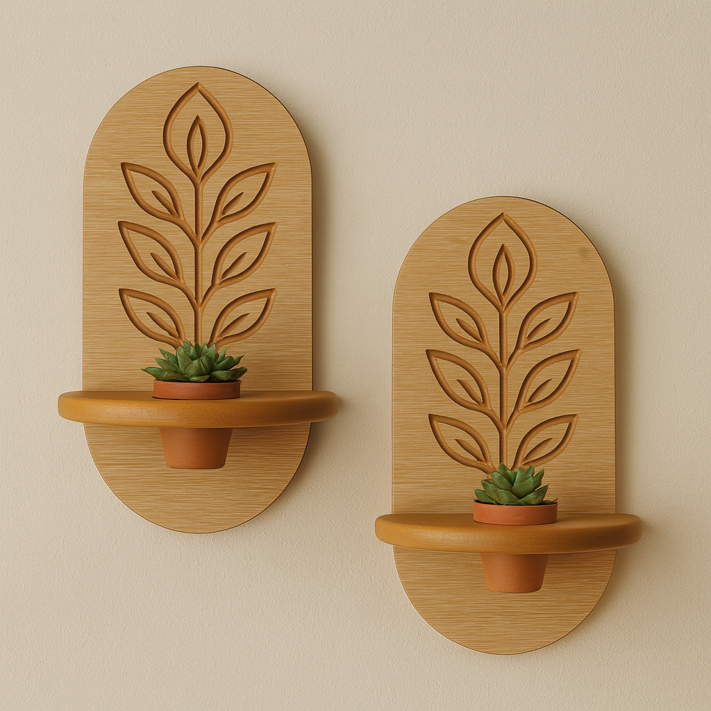 Minimal Meşe Duvar Rafı - 1 Kademeli Gravür Çiçek Deseni