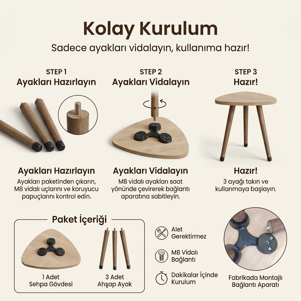 USTAAGAC Trio PUF Tamamlayıcı Üçgen Yan Sehpa Safir Mese