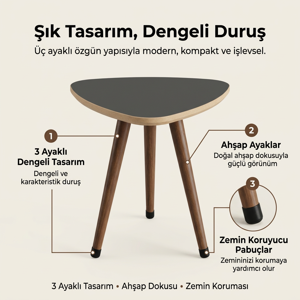 USTAAGAC Trio PUF Tamamlayıcı Üçgen Yan Sehpa Antrasit Gri