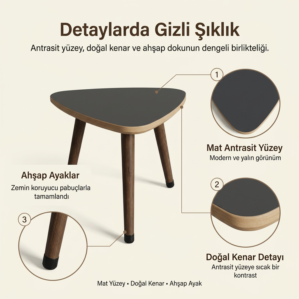 USTAAGAC Trio PUF Tamamlayıcı Üçgen Yan Sehpa Antrasit Gri