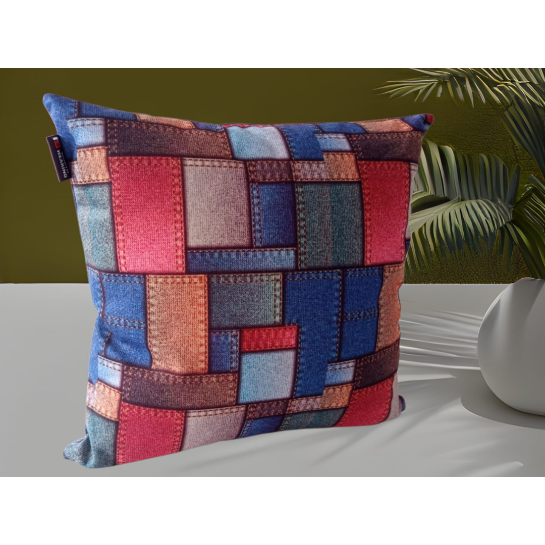 USTAAGAC El Yapımı Yamalı Geometrik Patchwork Desenli Neşeli Dekoratif Kırlent Kılıfı – 40x40 cm
