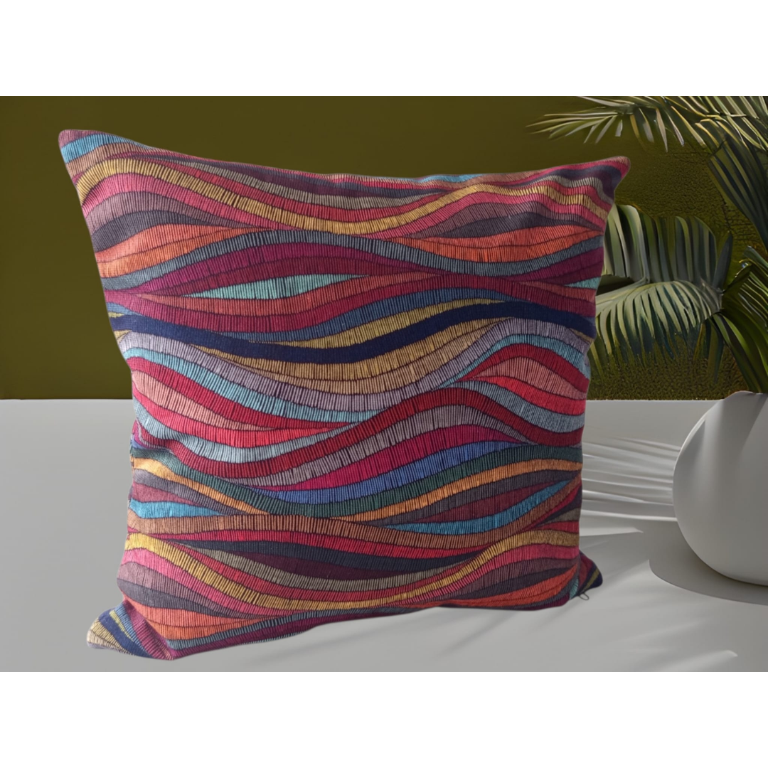 USTAAGAC El Yapımı  Dalgalı Gökkuşağı Desenli Neşeli Dekoratif Kırlent Kılıfı – 40x40 cm
