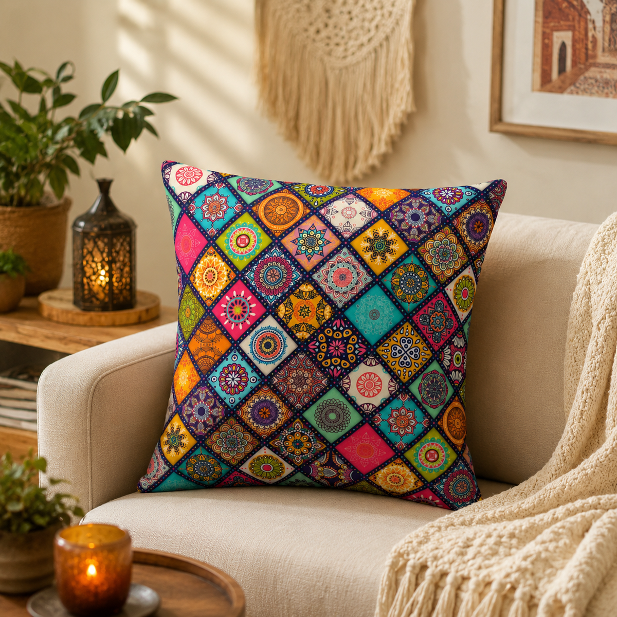 USTAAGAC El Yapımı  Bohem Mandala Desenli Renkli Neşeli Patchwork Dekoratif Kırlent Kılıfı – 40x40 cm