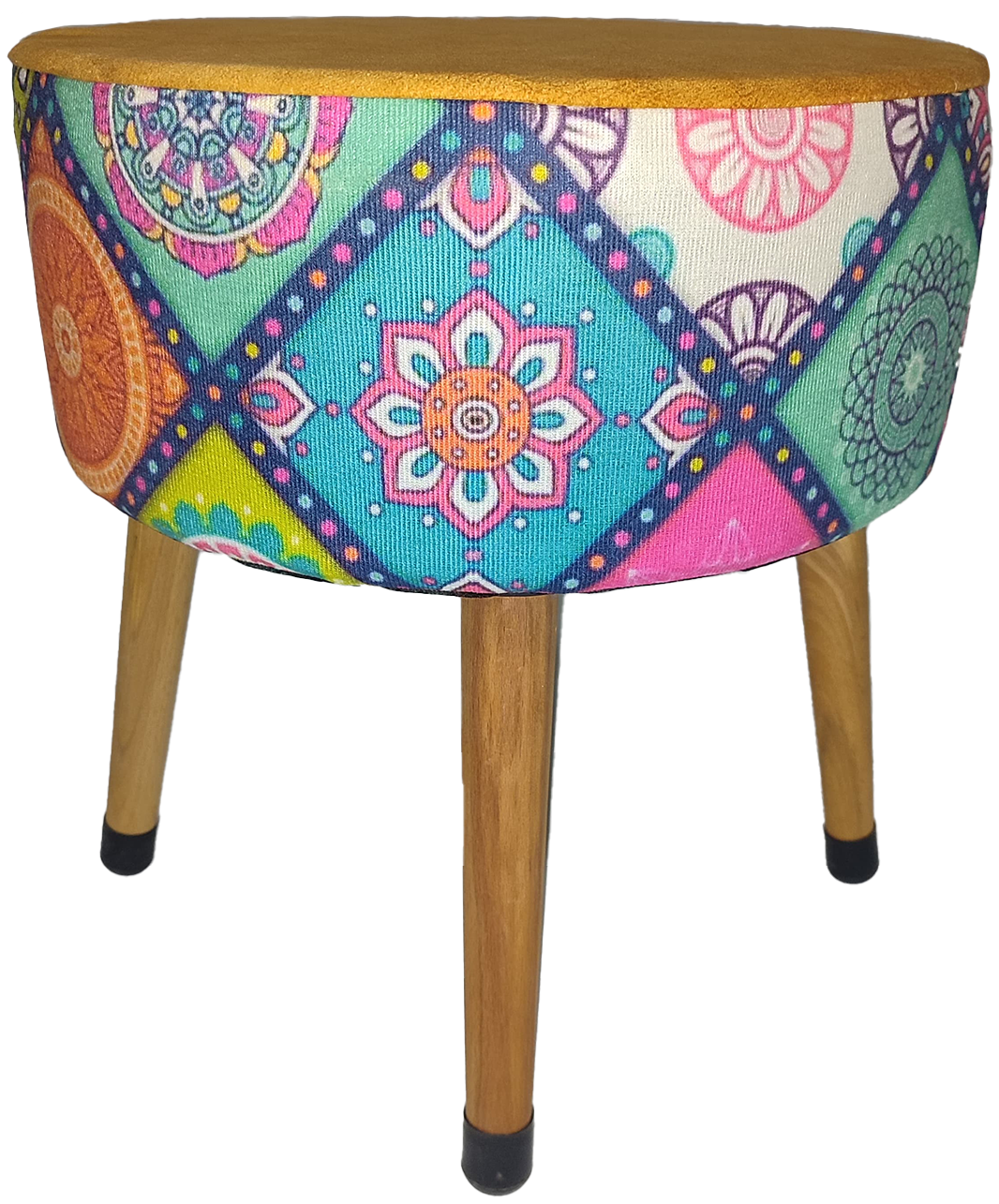 Puf Koltuk Tabure - Mandala Baskı Portakal Dallas - Ahşap Ayaklı