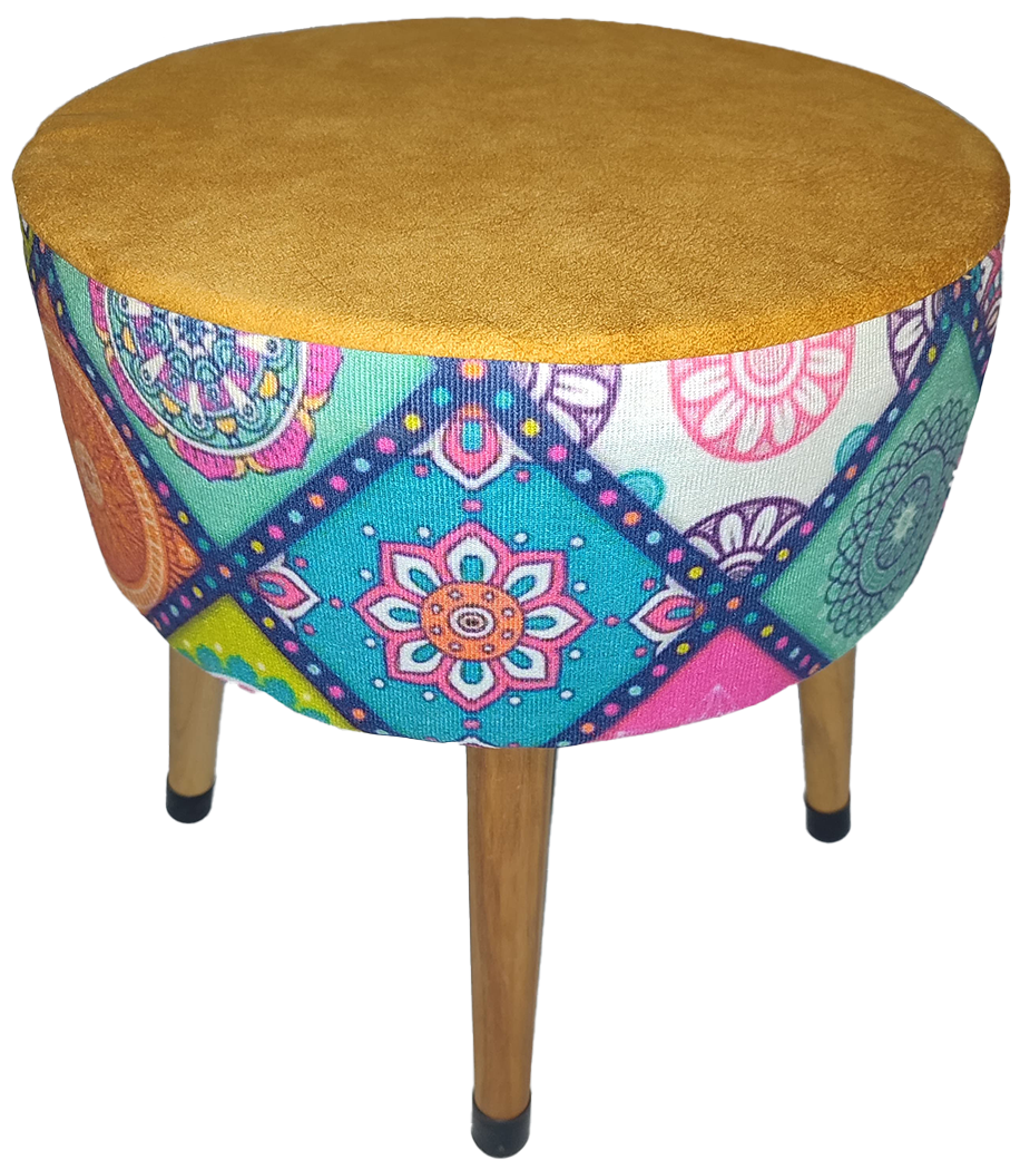 Puf Koltuk Tabure - Mandala Baskı Portakal Dallas - Ahşap Ayaklı
