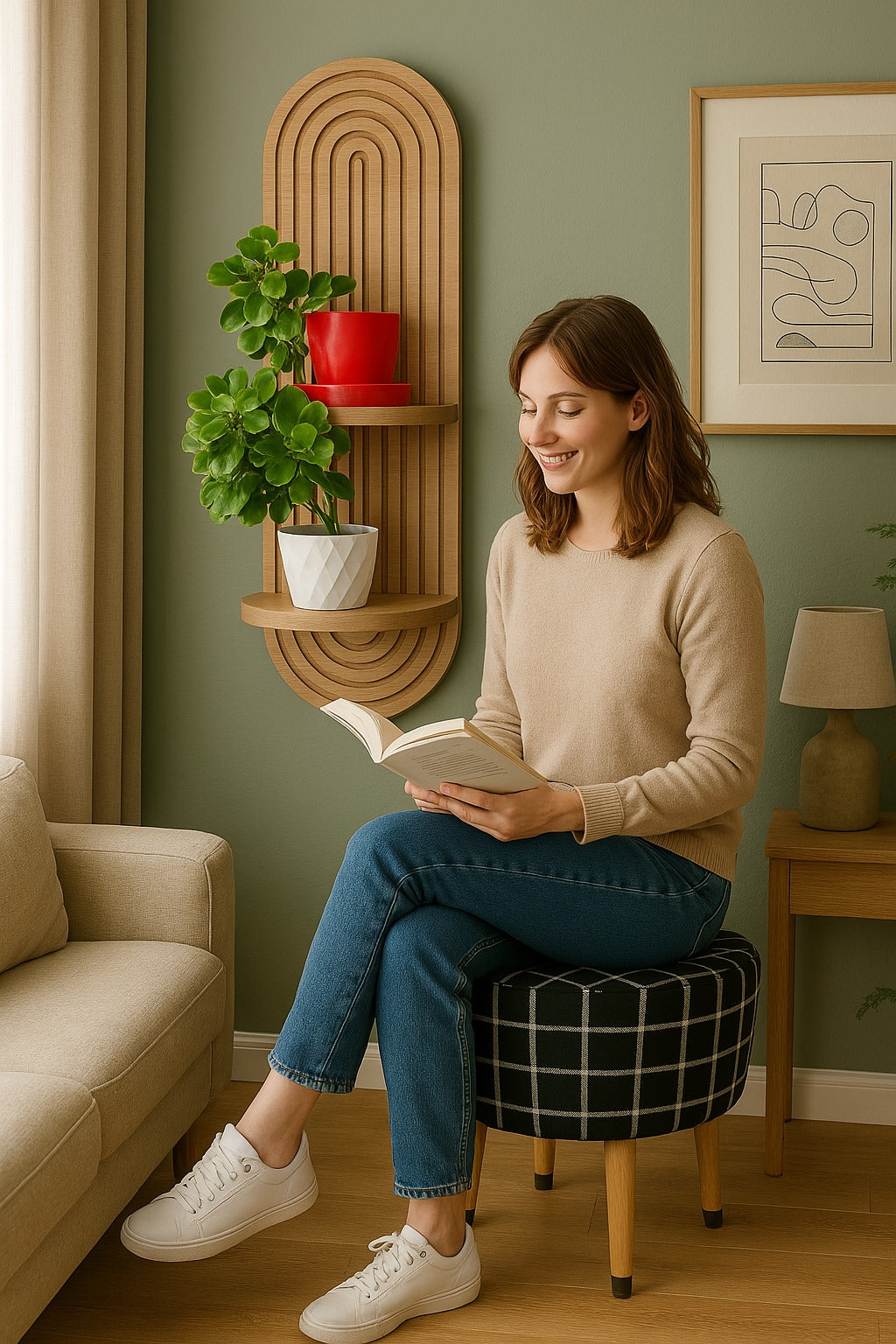 Minimal Meşe Duvar Rafı - 2 Kademeli - Çizgili