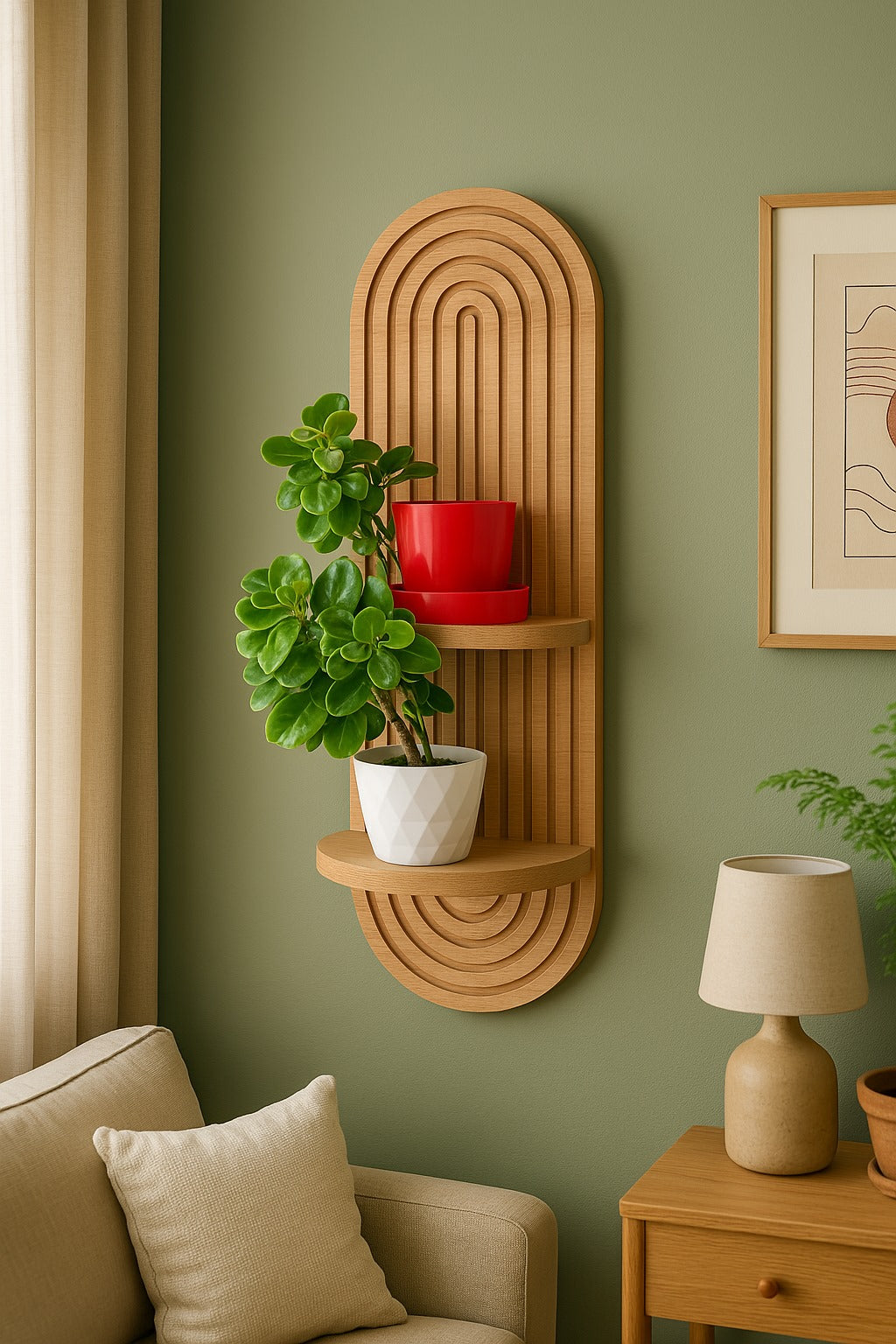 Minimal Meşe Duvar Rafı - 2 Kademeli - Çizgili