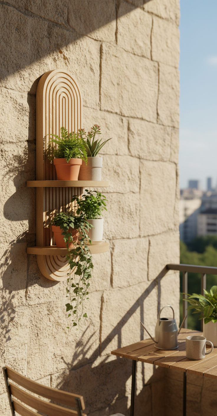 Minimal Meşe Duvar Rafı - 2 Kademeli - Çizgili