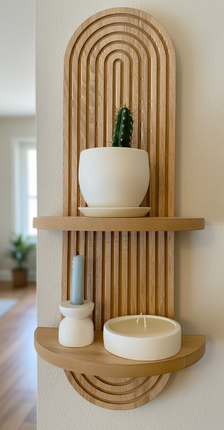 Minimal Meşe Duvar Rafı - 2 Kademeli - Çizgili