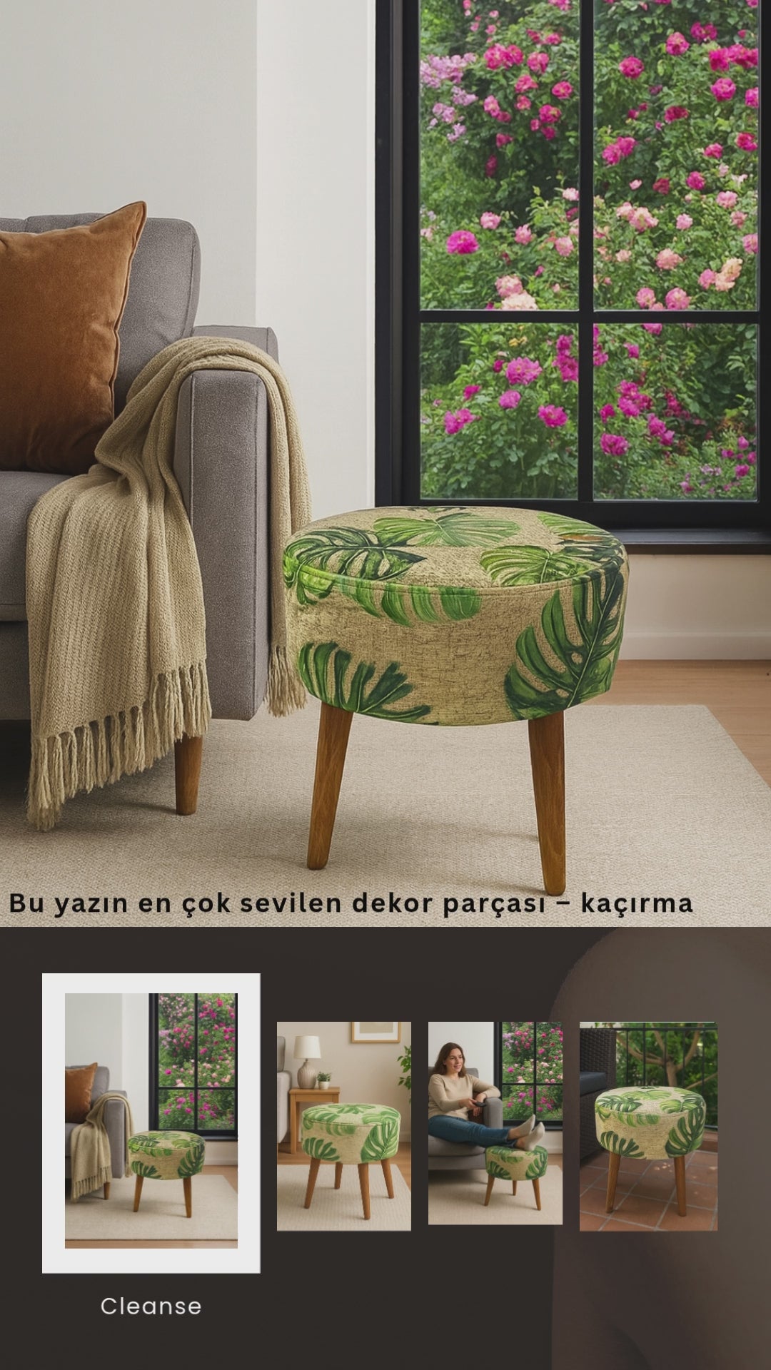Puf Koltuk Tabure - Yaprak Desenli - Ahşap Ayaklı