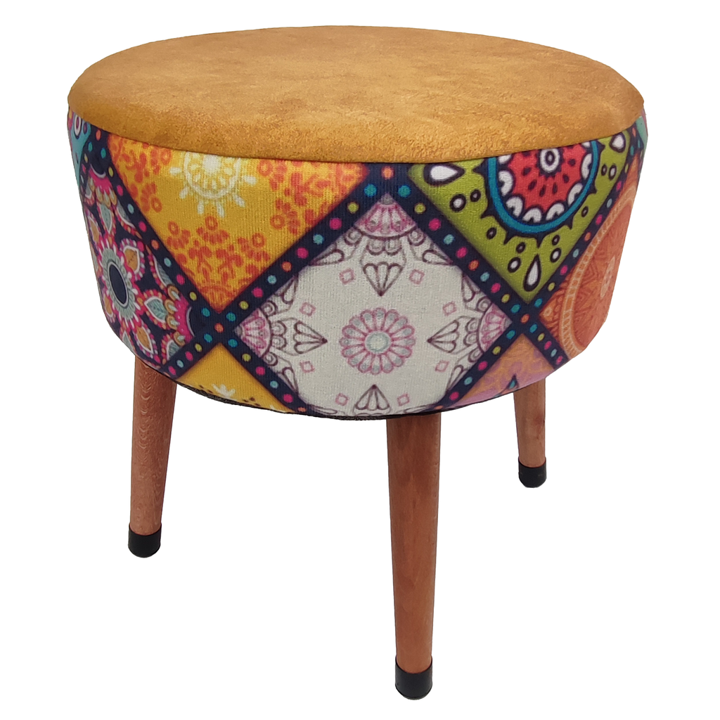 Puf Koltuk Tabure - Mandala Baskı Portakal Dallas - Ahşap Ayaklı