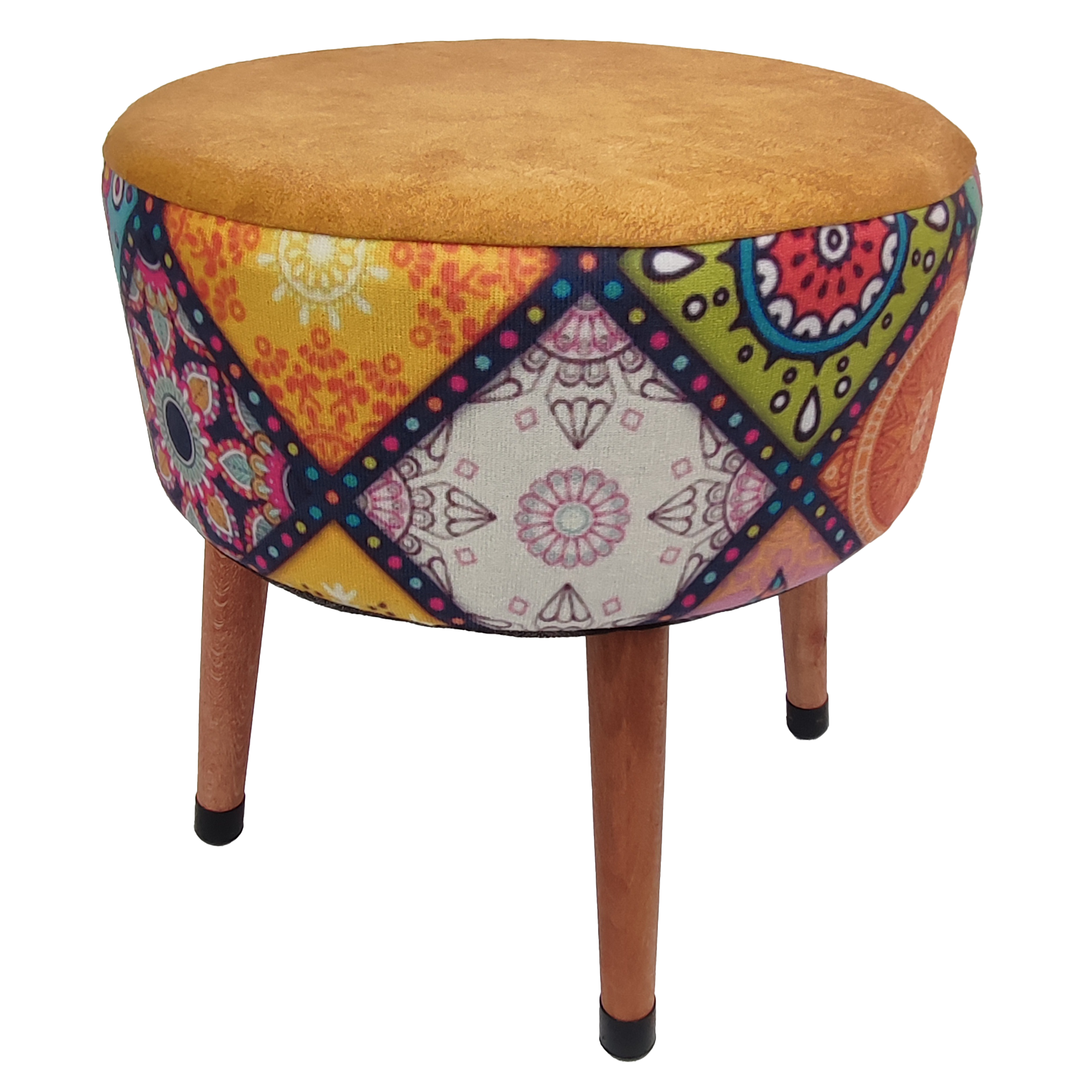 Puf Koltuk Tabure - Mandala Baskı Portakal Dallas - Ahşap Ayaklı
