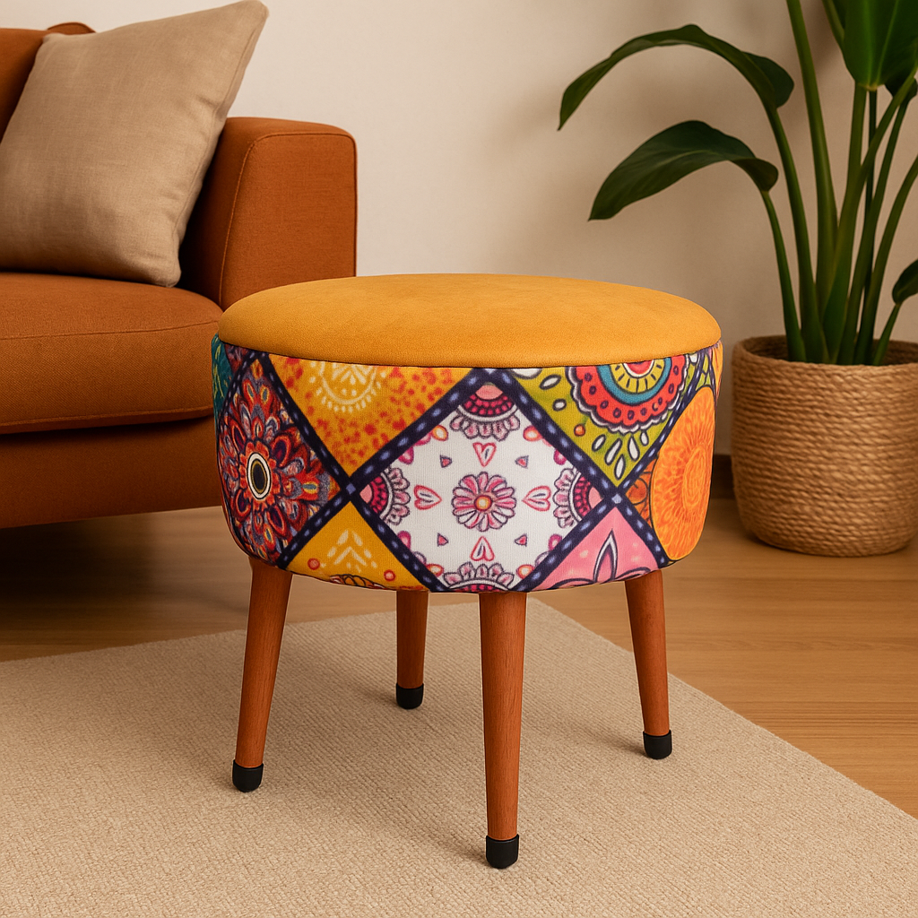 Puf Koltuk Tabure - Mandala Baskı Portakal Dallas - Ahşap Ayaklı
