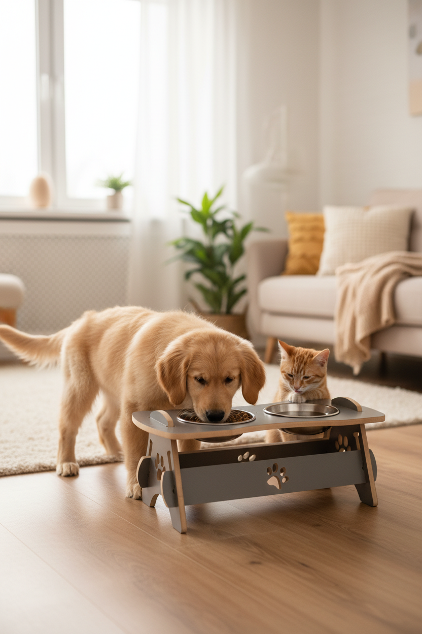 Kedi Köpek - Mama & Su Kabı -  Antrasit Renk - Çelik Hazne Kap