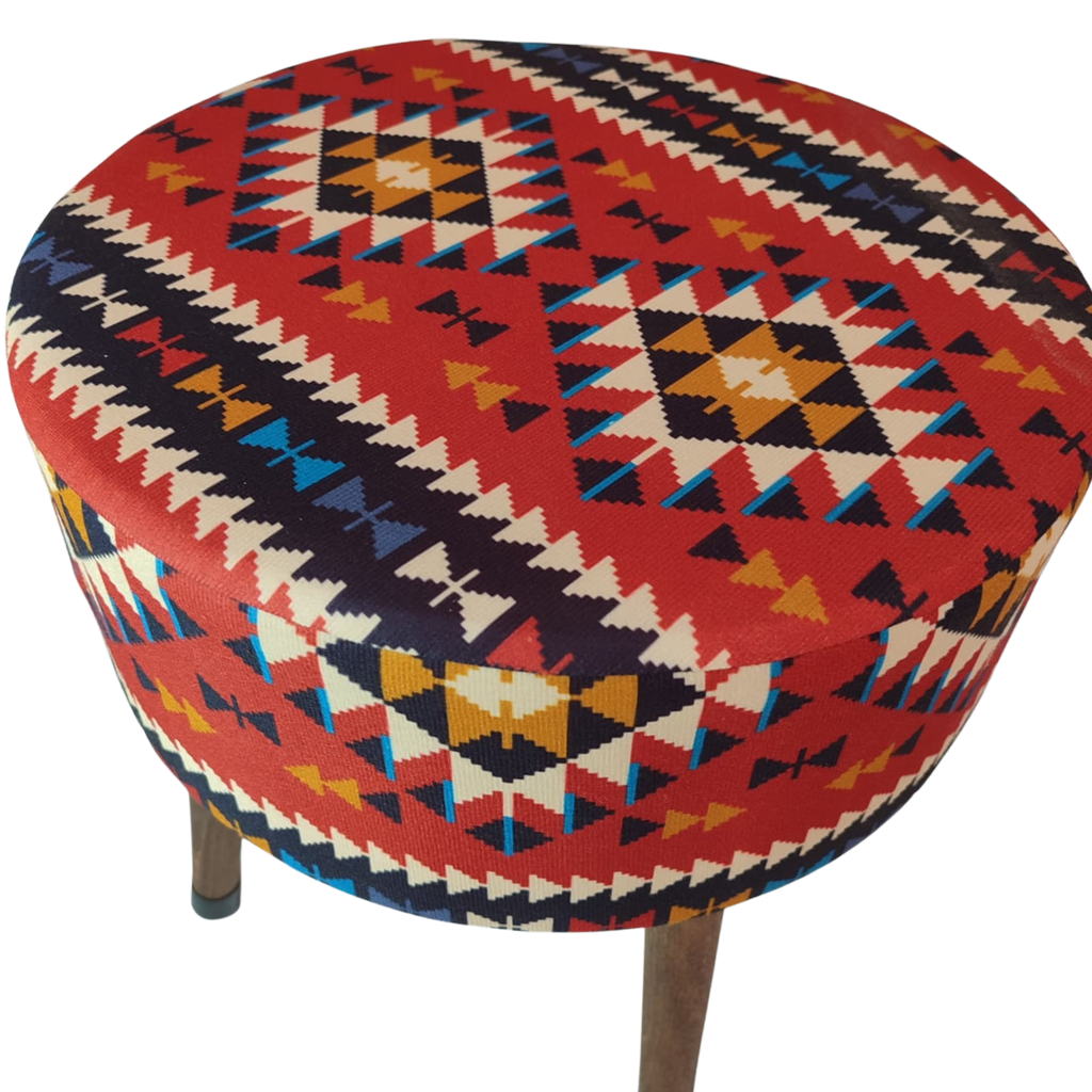 Puf Koltuk Tabure - Anadolu Kilim Kırımızı- Ahşap Ayaklı