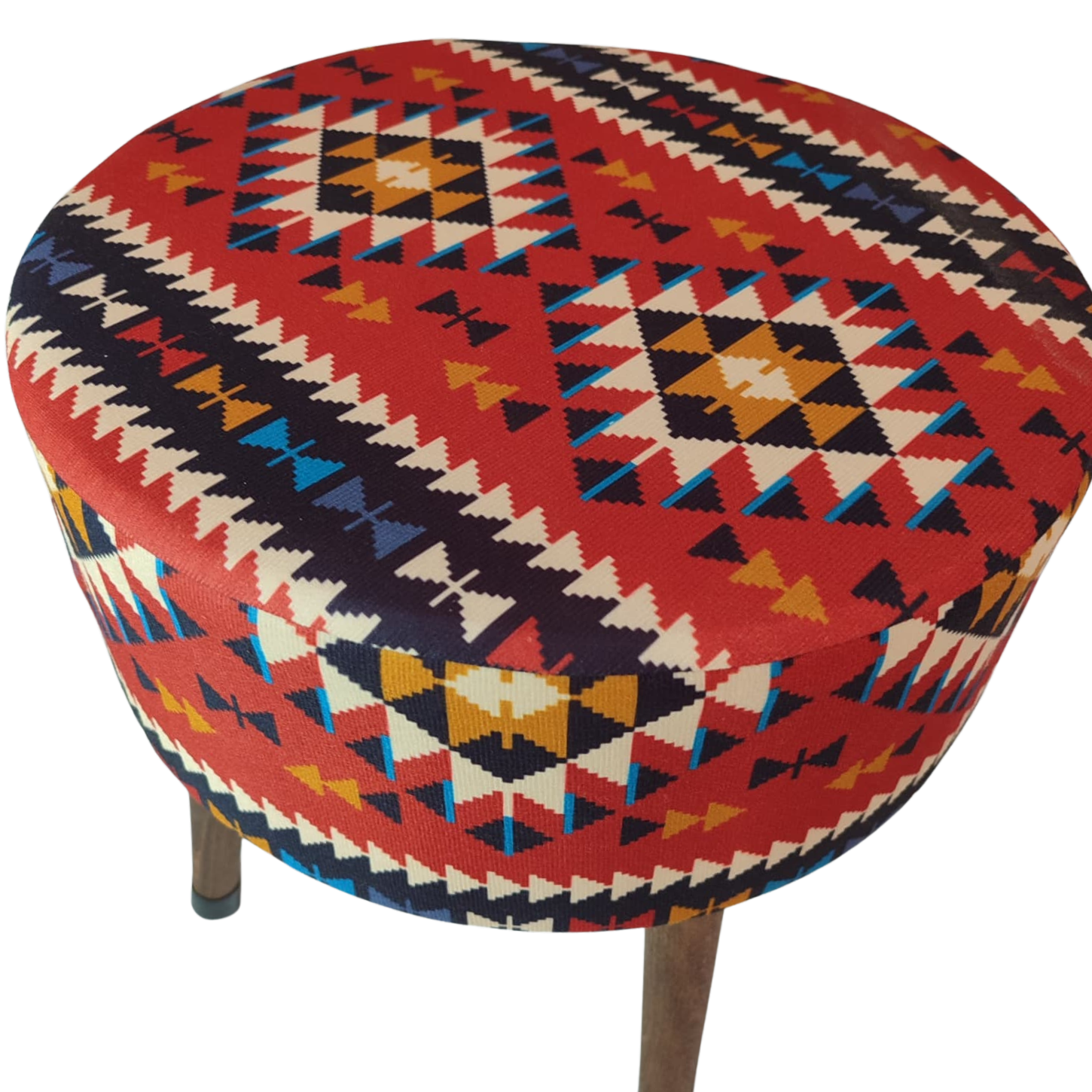 Puf Koltuk Tabure - Anadolu Kilim Kırımızı- Ahşap Ayaklı