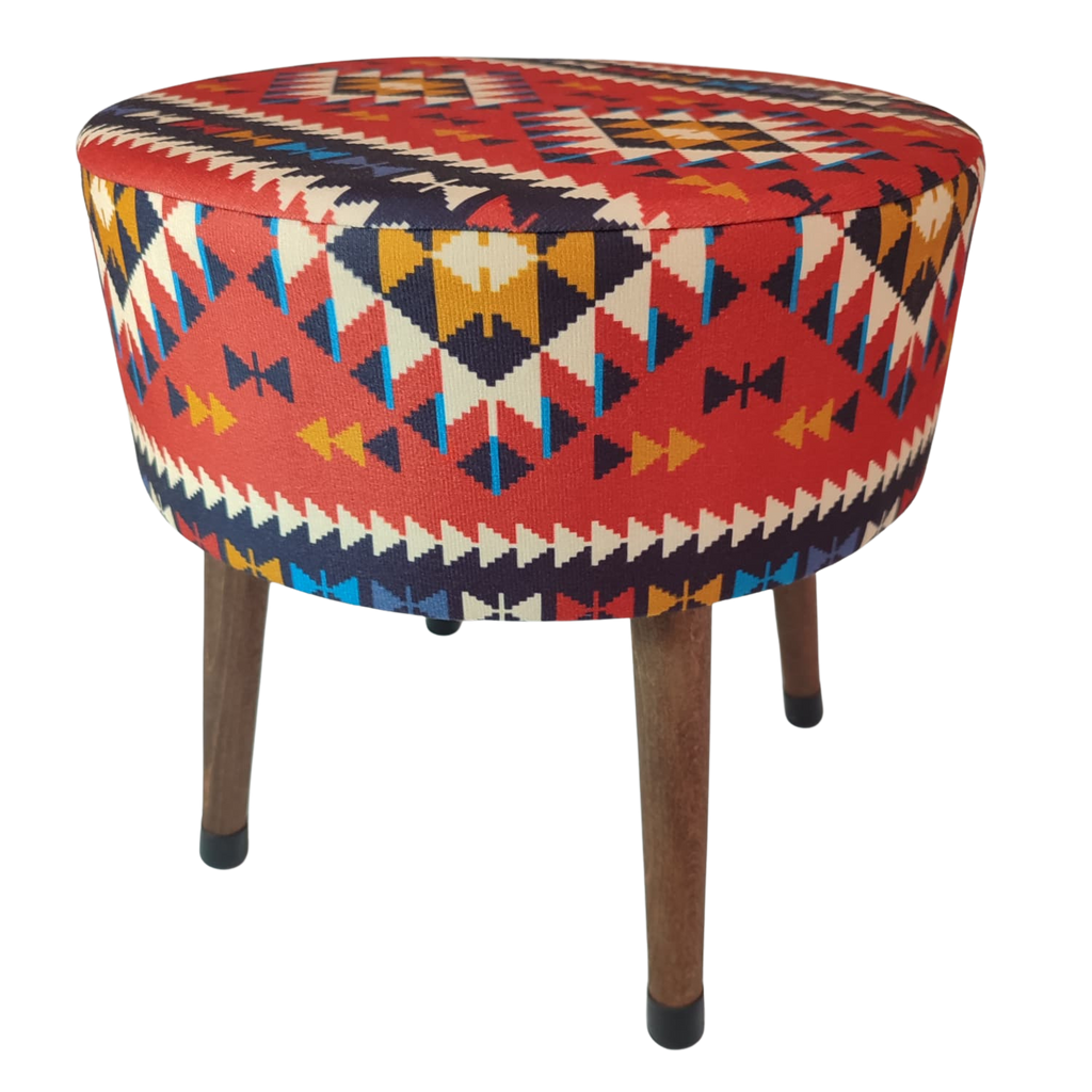 Puf Koltuk Tabure - Anadolu Kilim Kırımızı- Ahşap Ayaklı