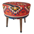 Puf Koltuk Tabure - Anadolu Kilim Kırımızı- Ahşap Ayaklı