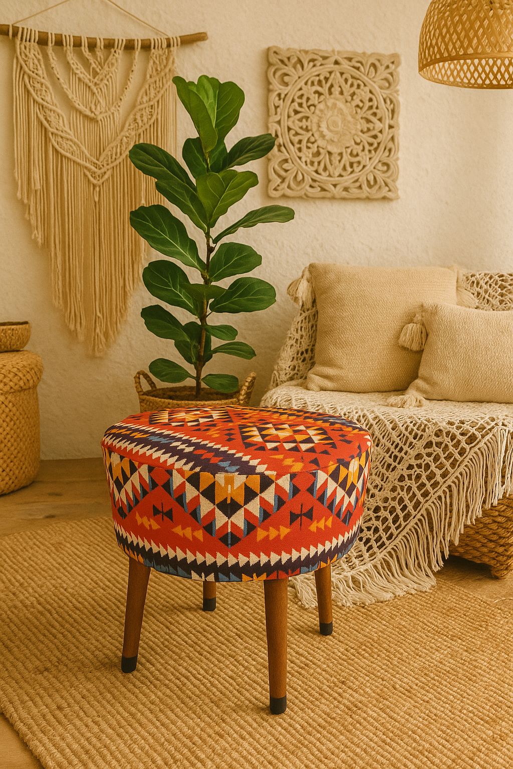 Puf Koltuk Tabure - Anadolu Kilim Kırımızı- Ahşap Ayaklı