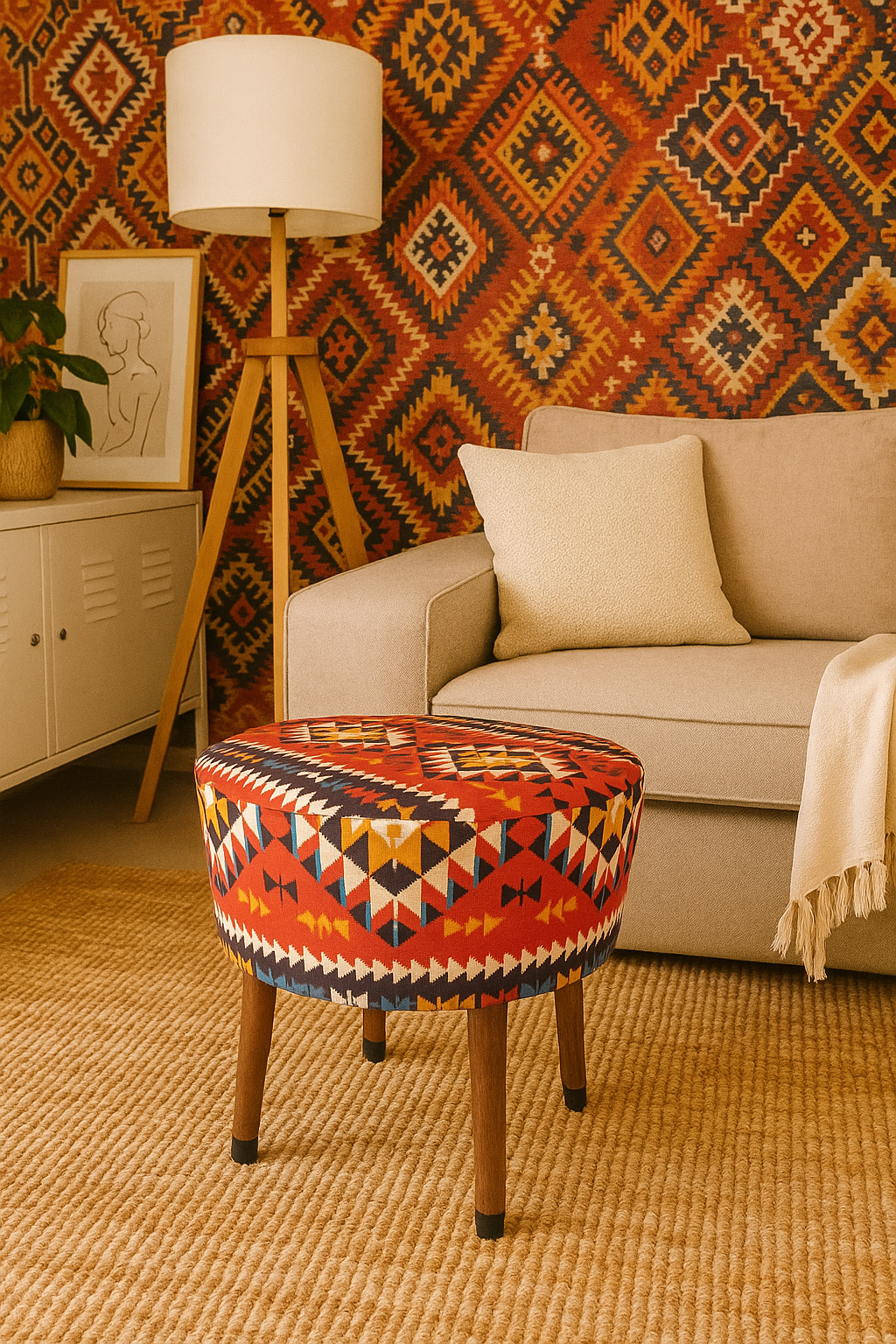 Puf Koltuk Tabure - Anadolu Kilim Kırımızı- Ahşap Ayaklı
