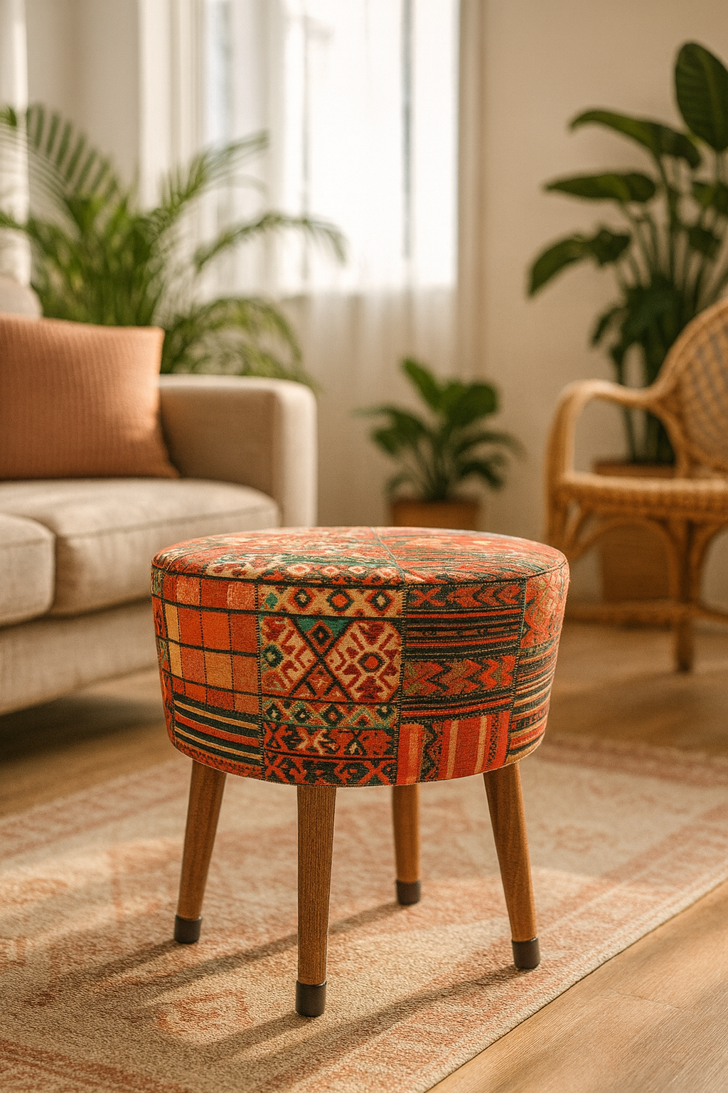 Puf Koltuk Tabure - Anadolu Kilim - Ahşap Ayaklı