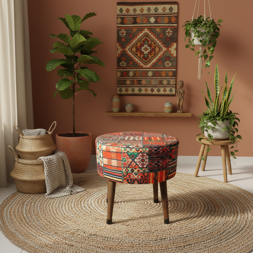 Puf Koltuk Tabure - Anadolu Kilim - Ahşap Ayaklı