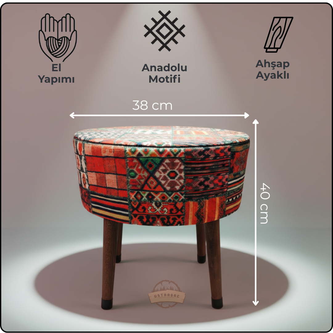 Puf Koltuk Tabure - Anadolu Kilim - Ahşap Ayaklı