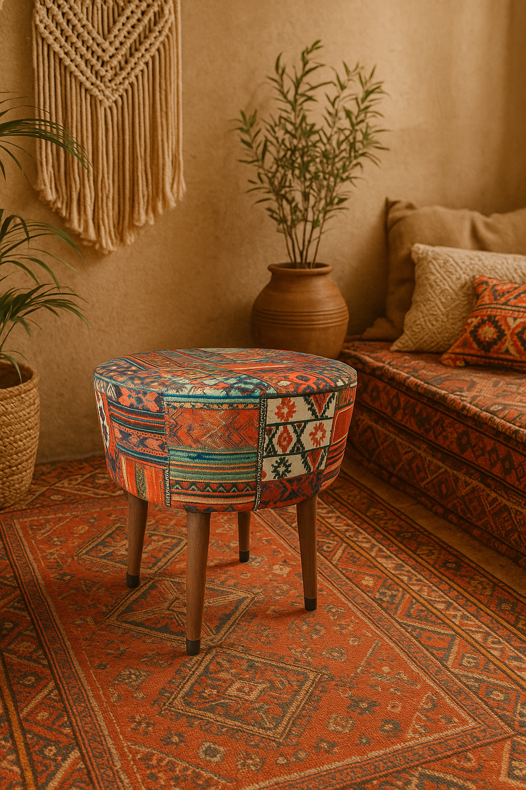 Puf Koltuk Tabure - Anadolu Kilim - Ahşap Ayaklı