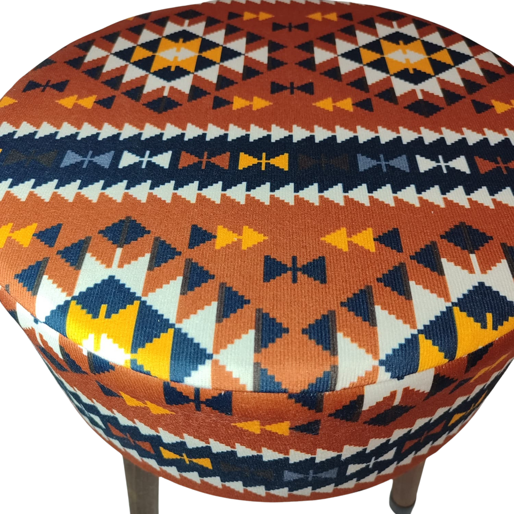 Puf Koltuk Tabure - Anadolu Kilim Turuncu - Ahşap Ayaklı