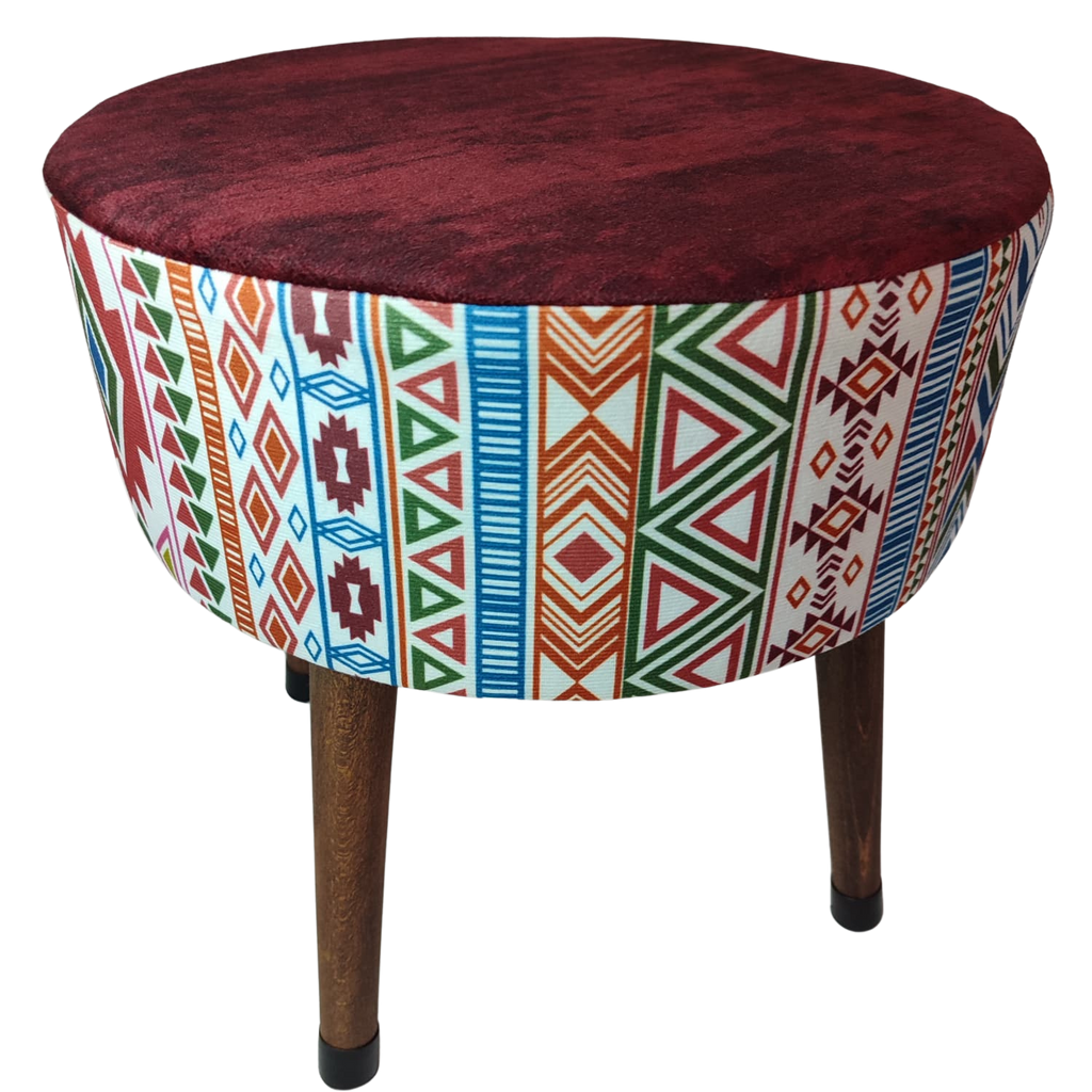 Puf Koltuk Tabure - Modern Kilim Bordo - Ahşap Ayaklı