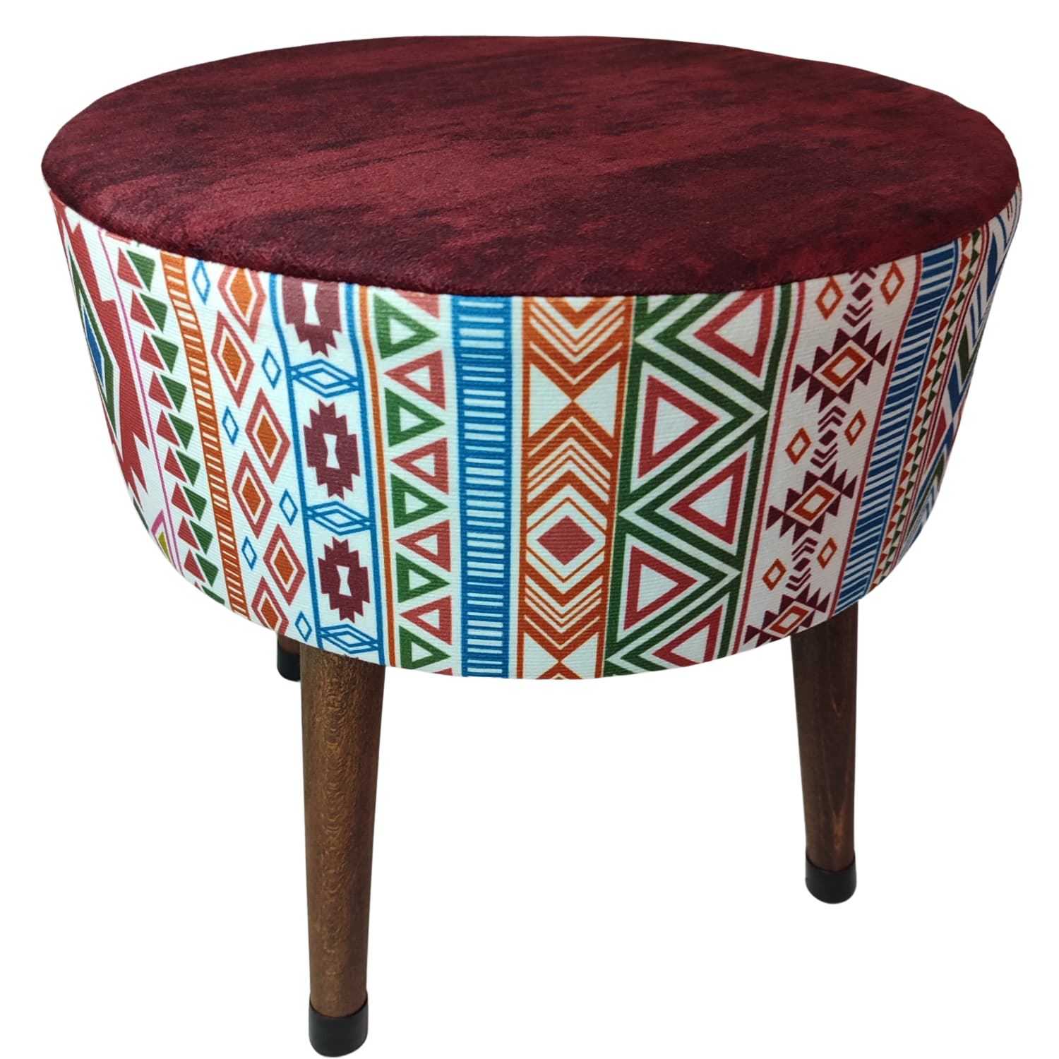 Puf Koltuk Tabure - Modern Kilim Bordo - Ahşap Ayaklı