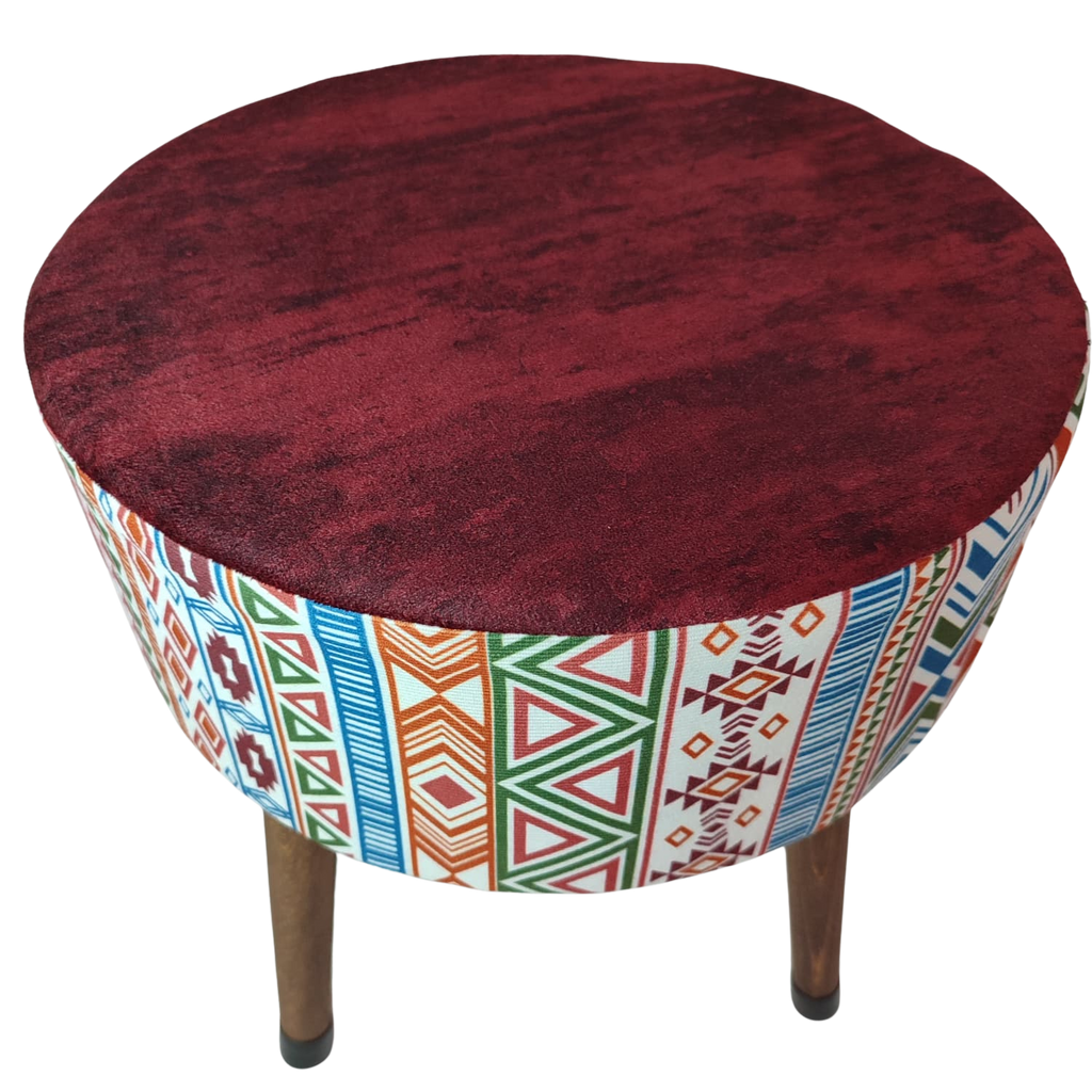 Puf Koltuk Tabure - Modern Kilim Bordo - Ahşap Ayaklı