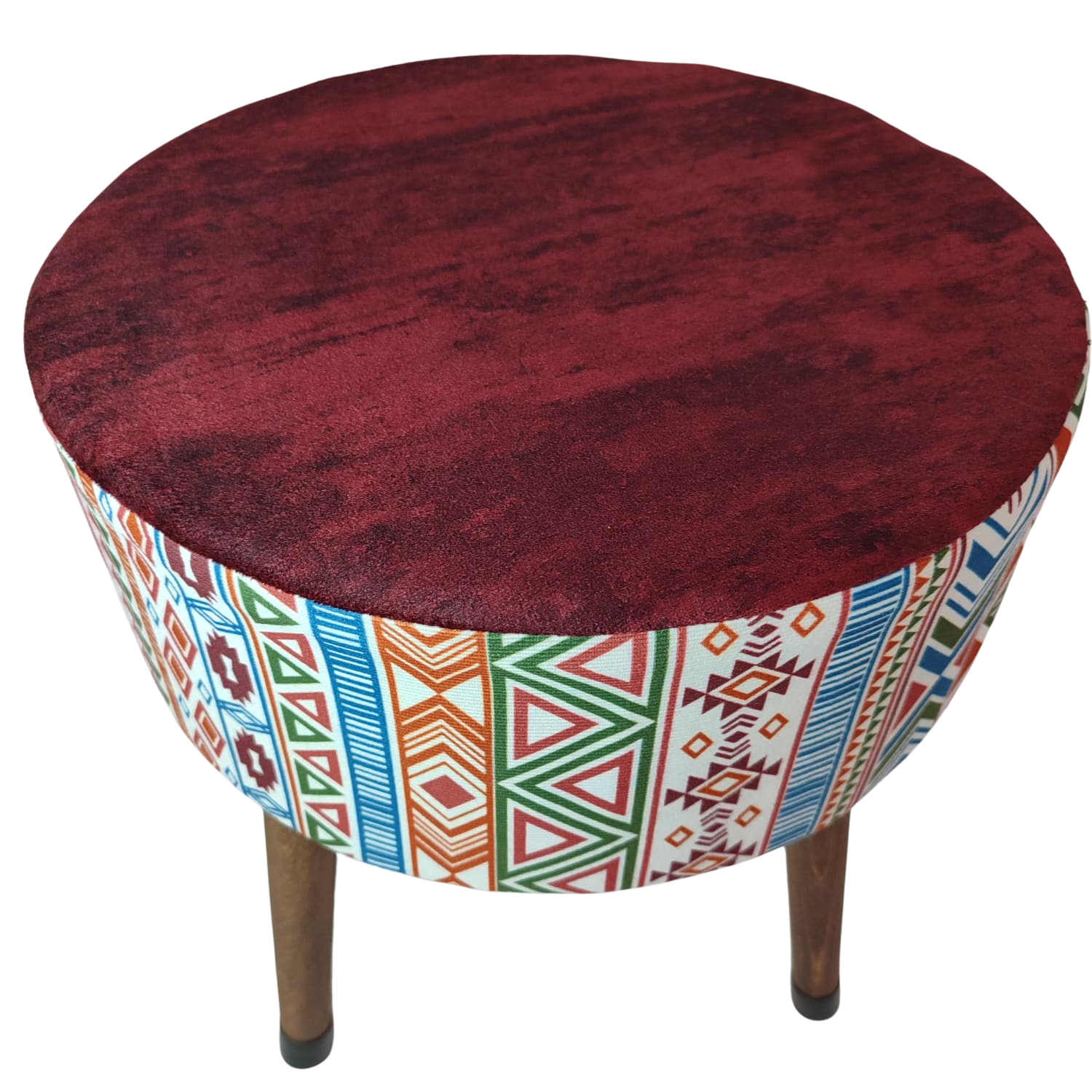 Puf Koltuk Tabure - Modern Kilim Bordo - Ahşap Ayaklı