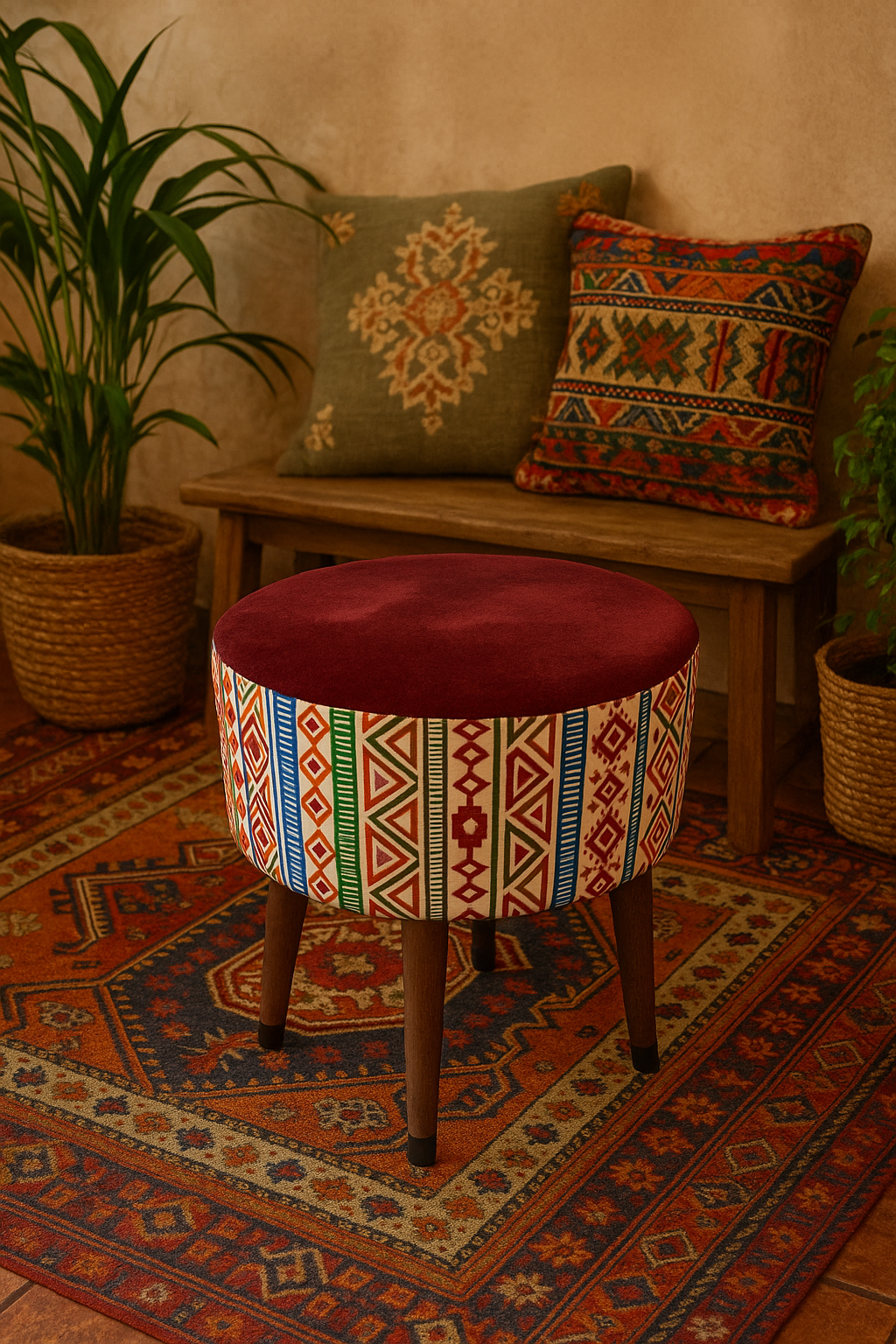 Puf Koltuk Tabure - Modern Kilim Bordo - Ahşap Ayaklı