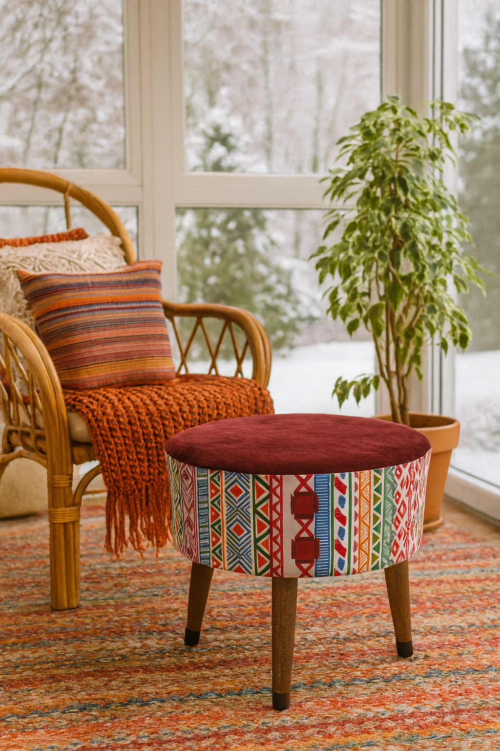 Puf Koltuk Tabure - Modern Kilim Bordo - Ahşap Ayaklı