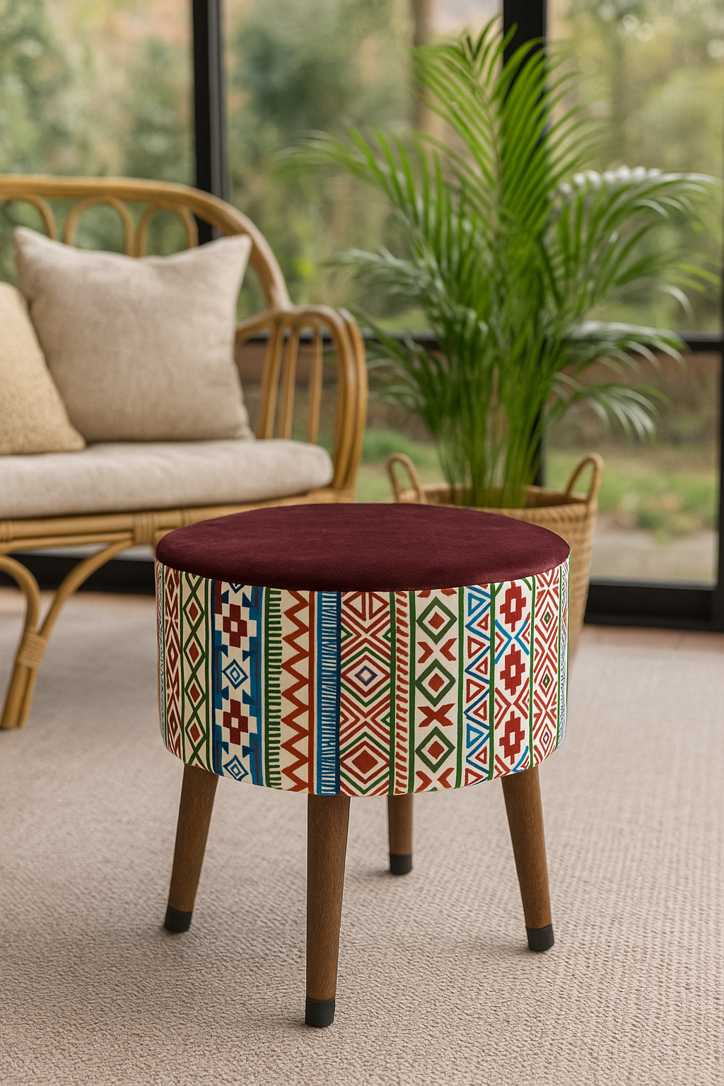 Puf Koltuk Tabure - Modern Kilim Bordo - Ahşap Ayaklı