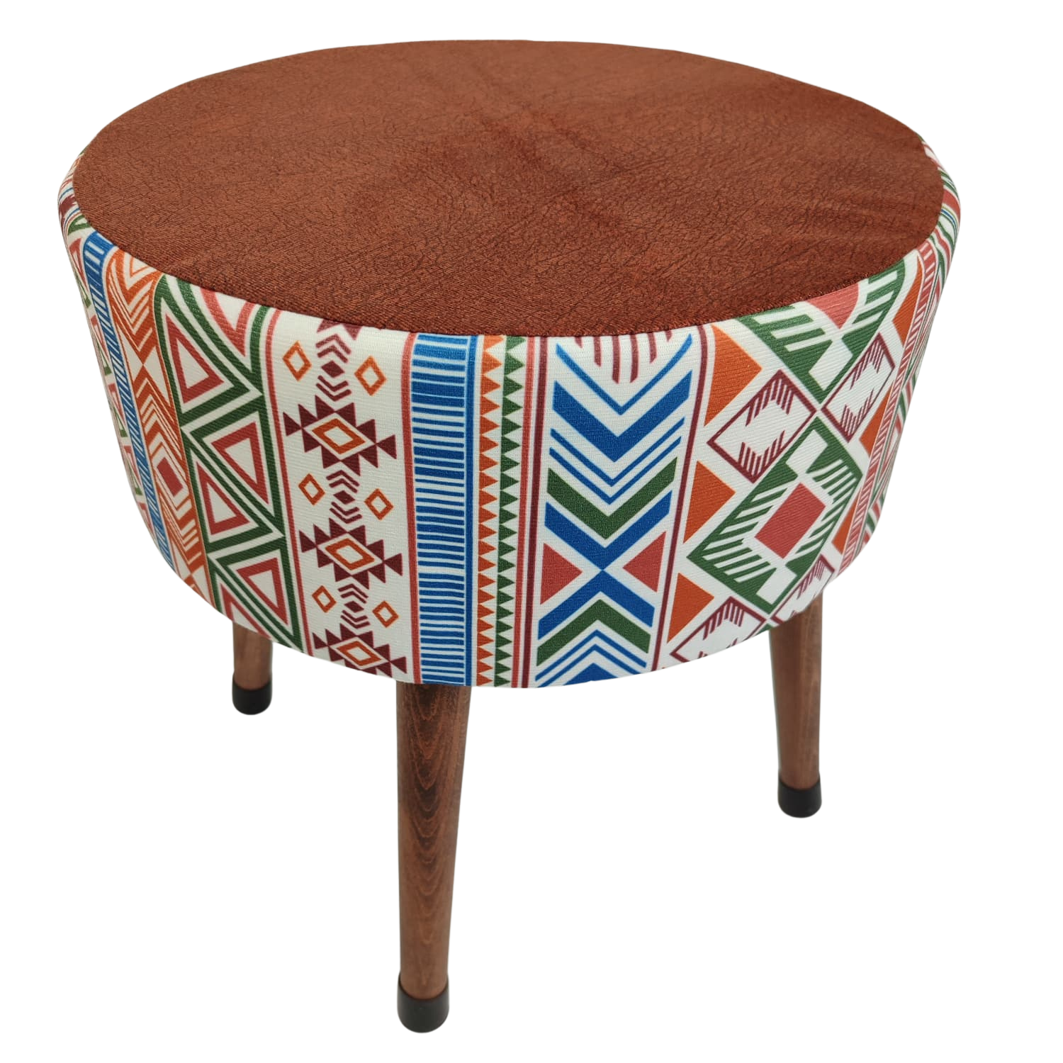 Puf Koltuk Tabure - Modern Kilim Koyu Kiremit - Ahşap Ayaklı
