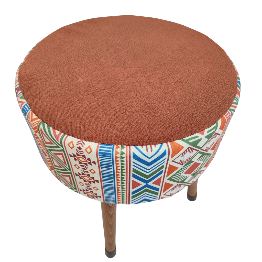 Puf Koltuk Tabure - Modern Kilim Koyu Kiremit - Ahşap Ayaklı