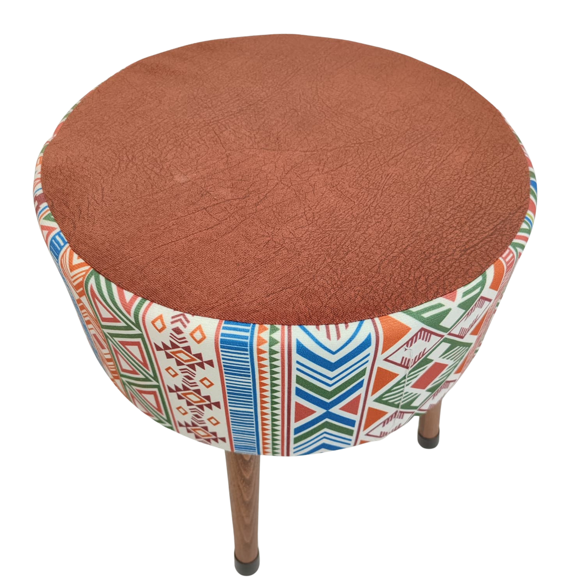 Puf Koltuk Tabure - Modern Kilim Koyu Kiremit - Ahşap Ayaklı