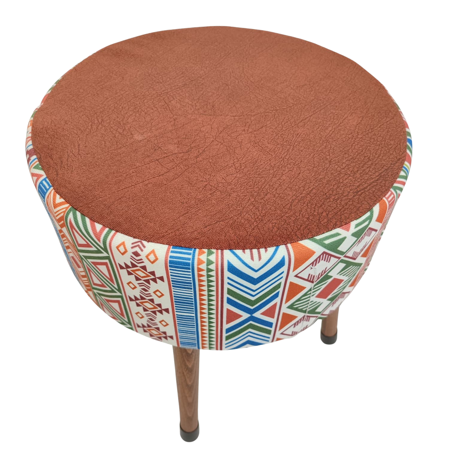 Puf Koltuk Tabure - Modern Kilim Koyu Kiremit - Ahşap Ayaklı