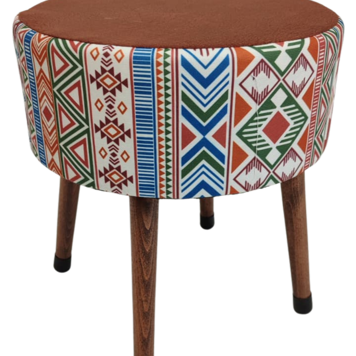 Puf Koltuk Tabure - Modern Kilim Koyu Kiremit - Ahşap Ayaklı