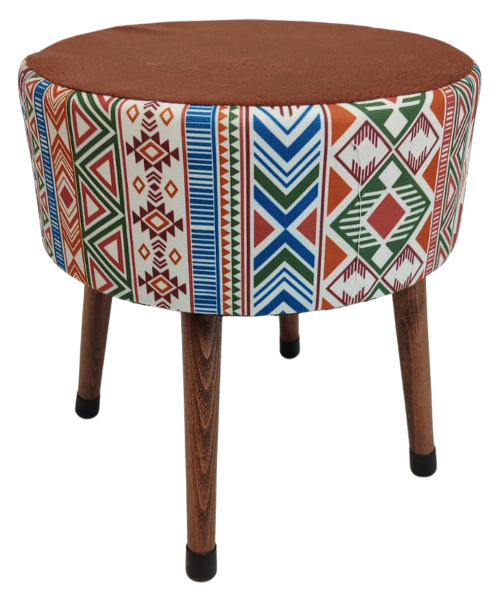 Puf Koltuk Tabure - Modern Kilim Koyu Kiremit - Ahşap Ayaklı